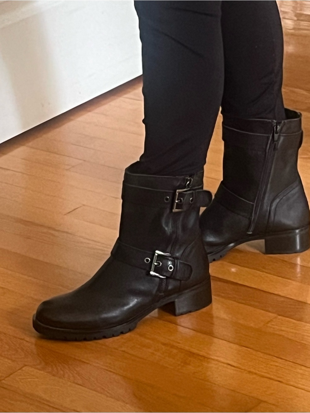 Aldo Black Leather Buckled Mid-Calf Combat Biker Boots